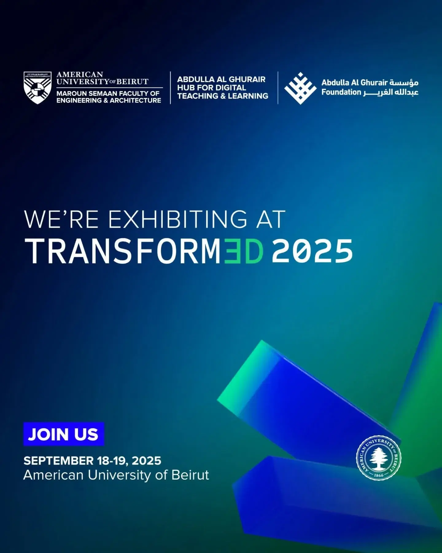 EdTech Hub exhibiting at TransformED 2025 at the American University of Beirut, showcasing STEAM education innovations.